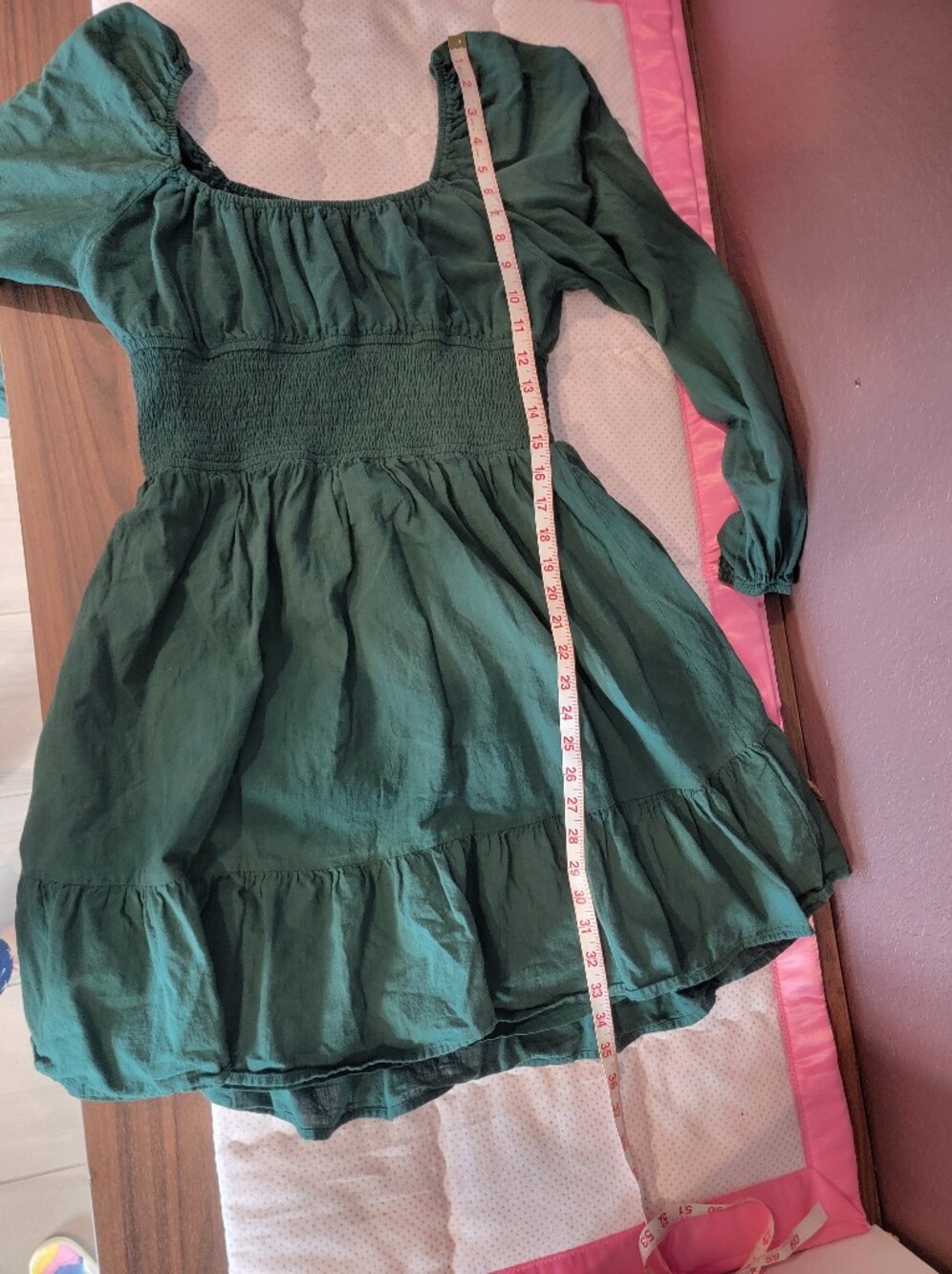 Illusory Green Smocked Waist Long Sleeve Mini Dress Size L Cottagecore Boho - Picture 8 of 12